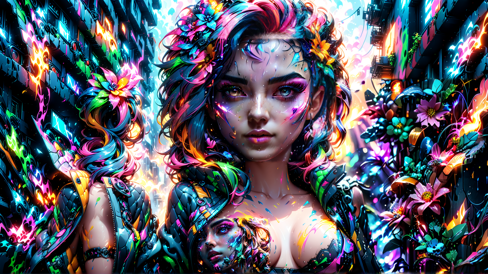 AI generated wallpaper featuring woman, cyberpunk, flowers