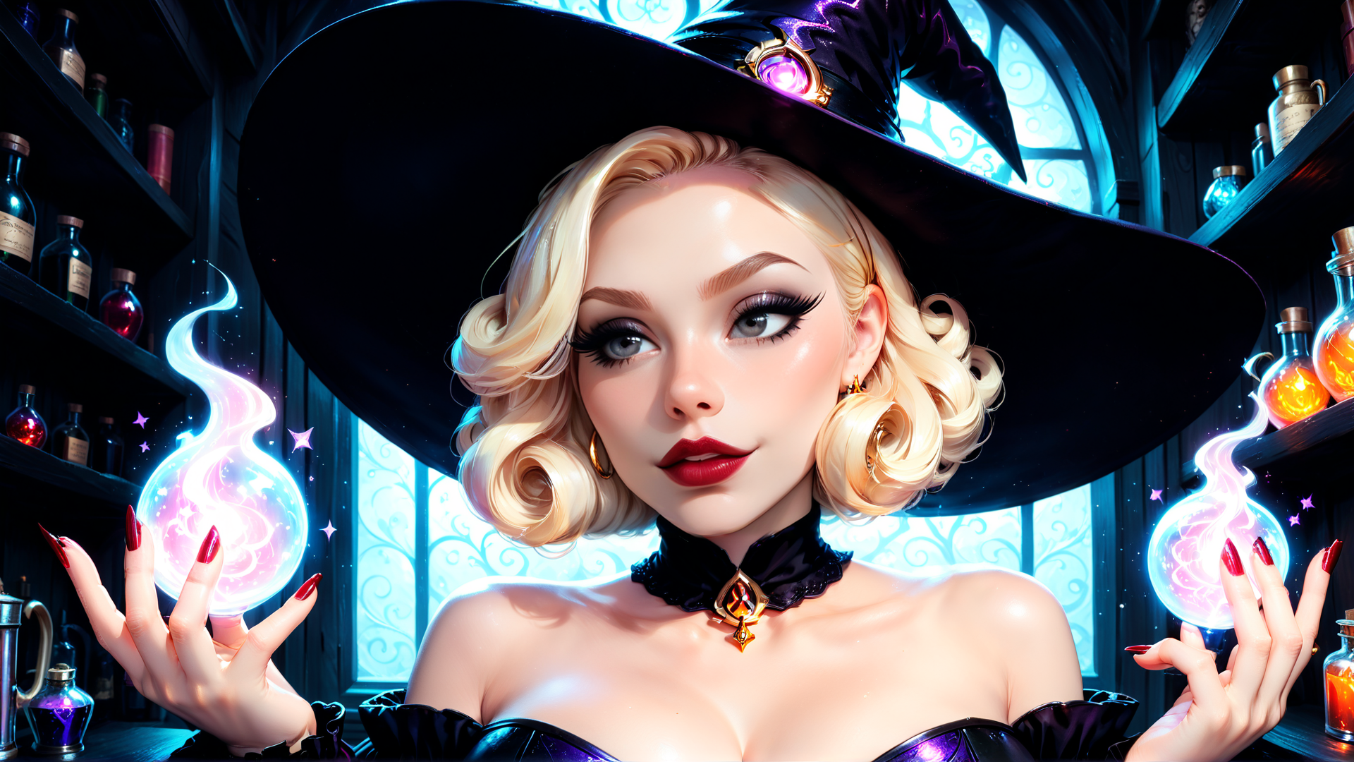 AI generated wallpaper featuring witch, cauldron, bottles, hat, choker, hands