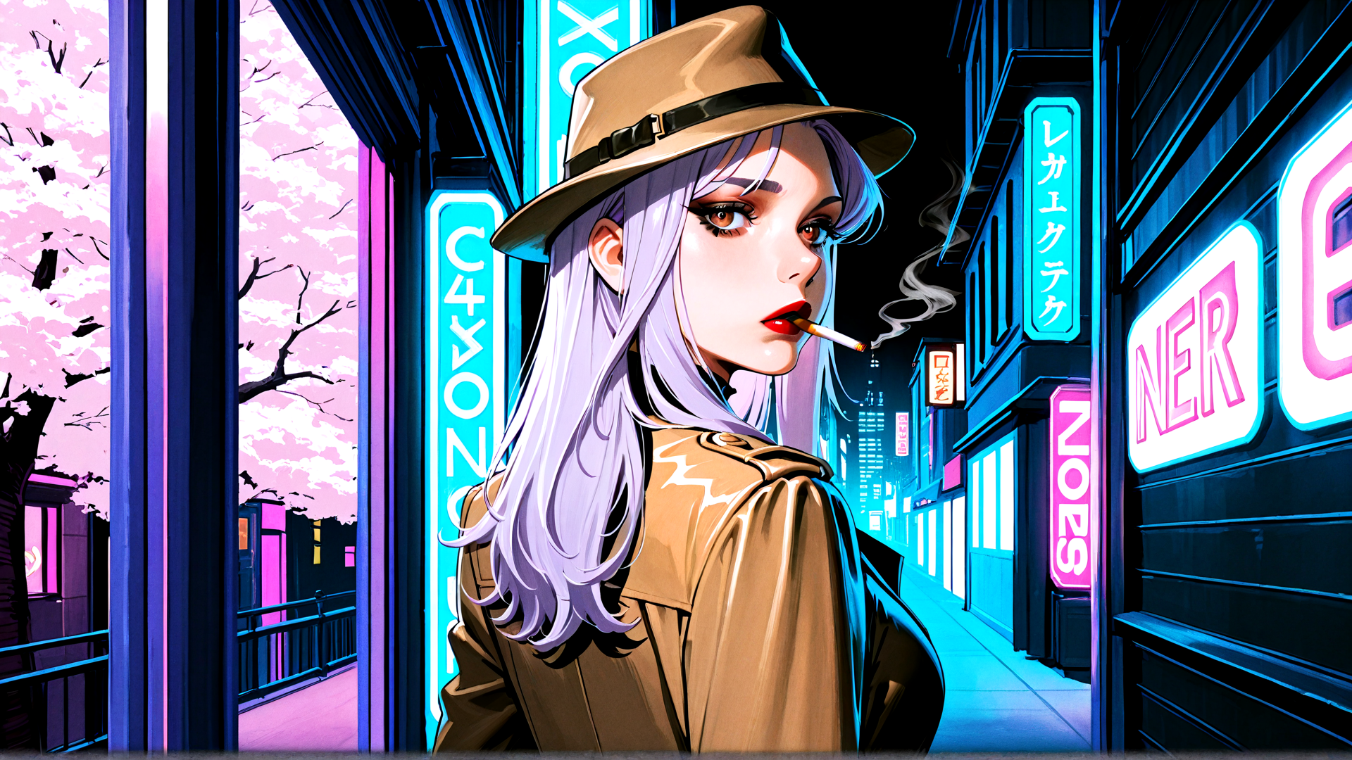AI generated wallpaper featuring woman, hat, cigarette, neon, city, street, sakura, signboard, fashion, jacket