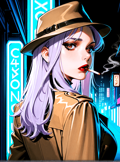 woman, hat, cigarette, neon, city, street, sakura, signboard, fashion, jacket