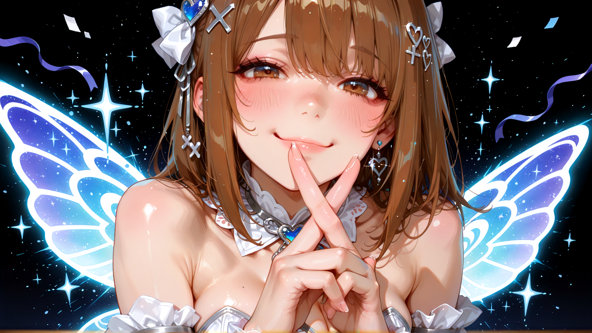 AI generated wallpaper featuring fairy, anime girl, wings, ribbon, earring, choker, hand, stars, bow, hair