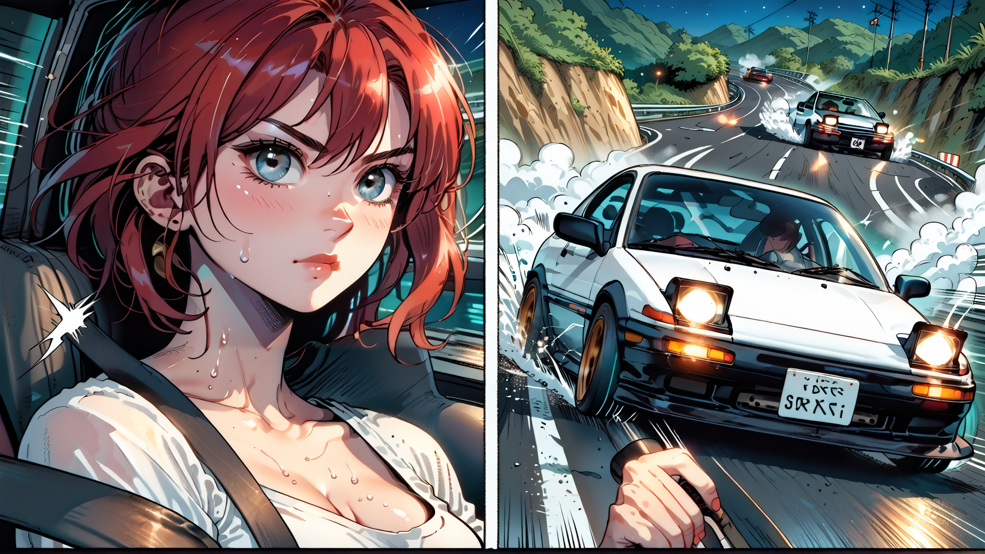 AI generated wallpaper featuring woman, car, road, driver, nissan