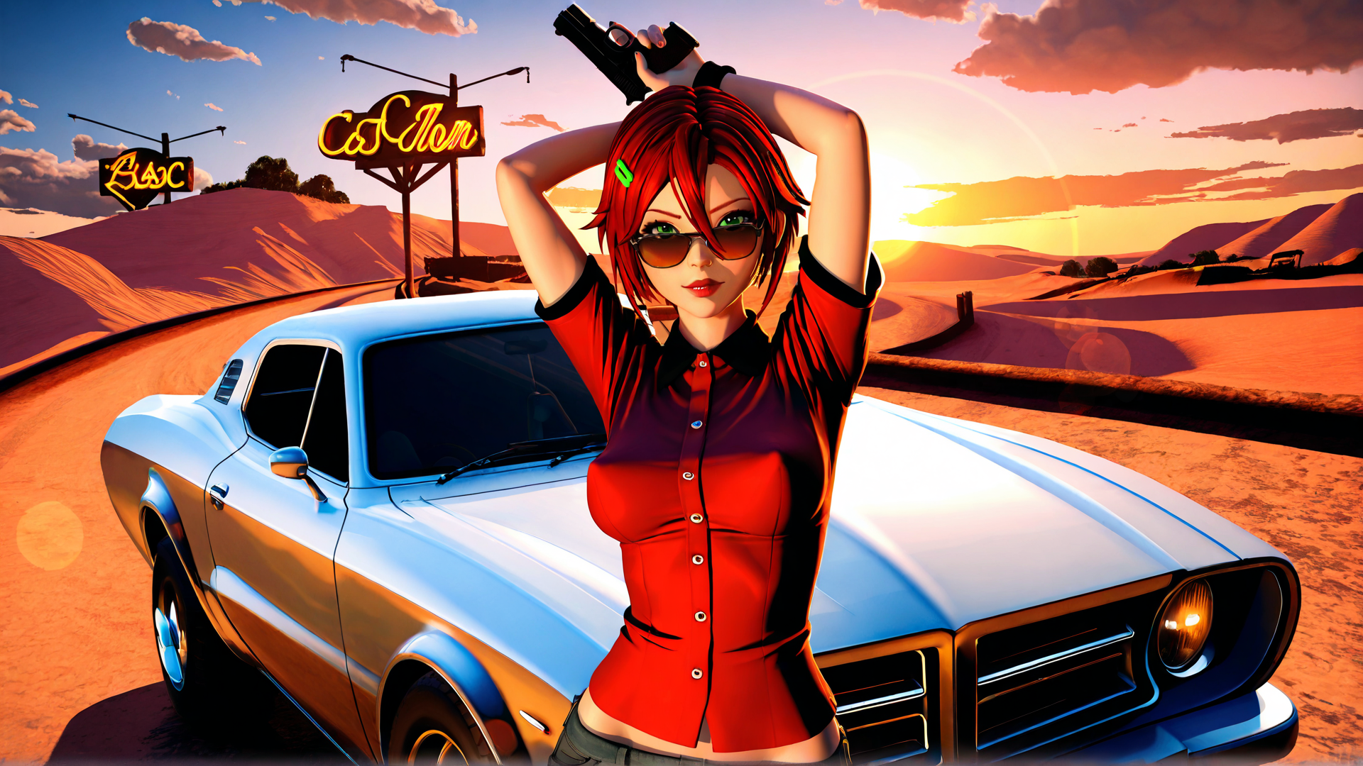 AI generated wallpaper featuring woman, car, gun, sunglasses, desert, sign