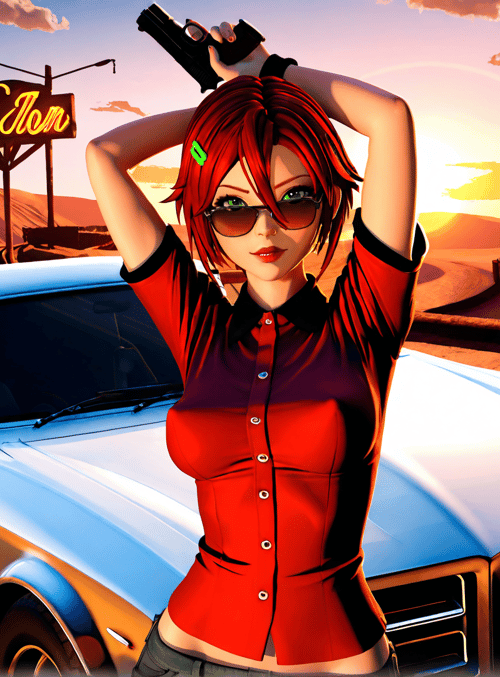 woman, car, gun, sunglasses, desert, sign
