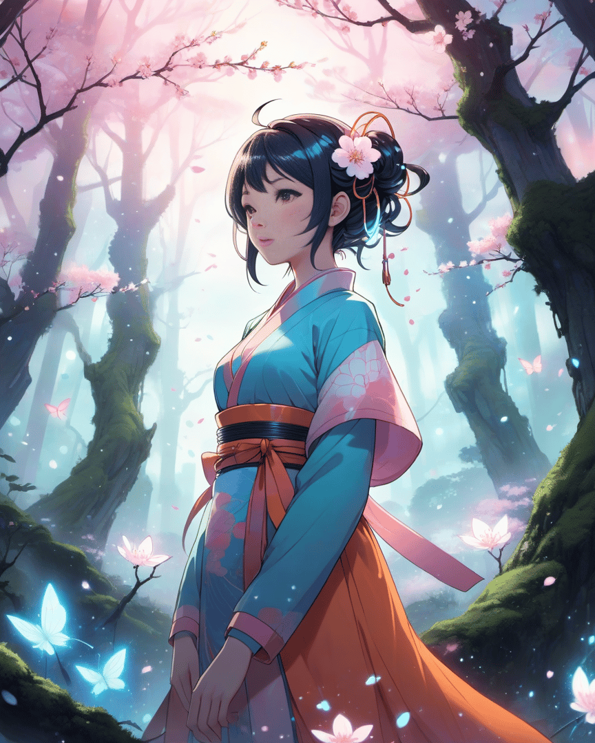 AI generated wallpaper featuring woman, blossom, butterfly