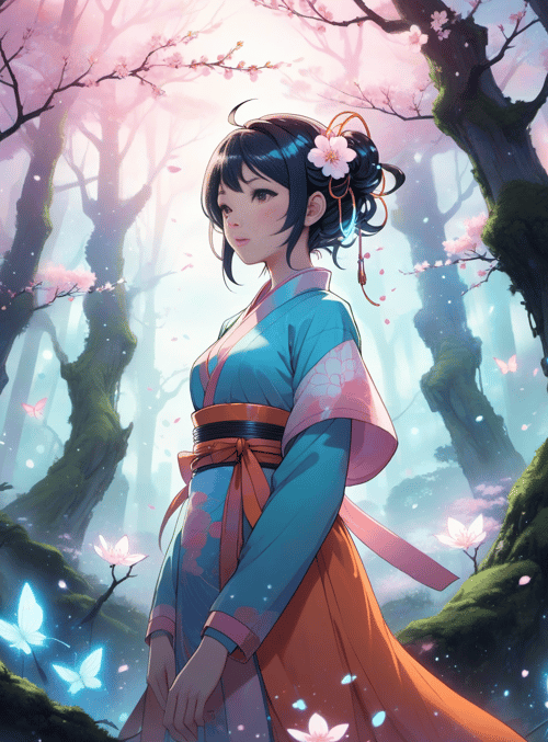woman, blossom, butterfly