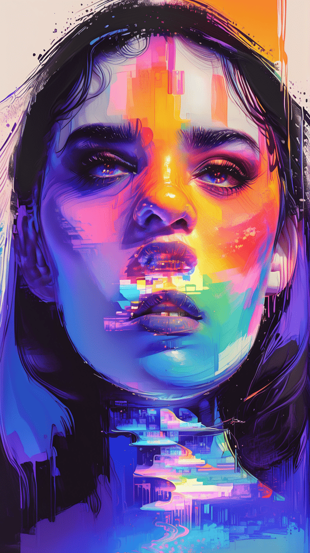 AI generated wallpaper featuring woman, face, cityscape, neon, digital