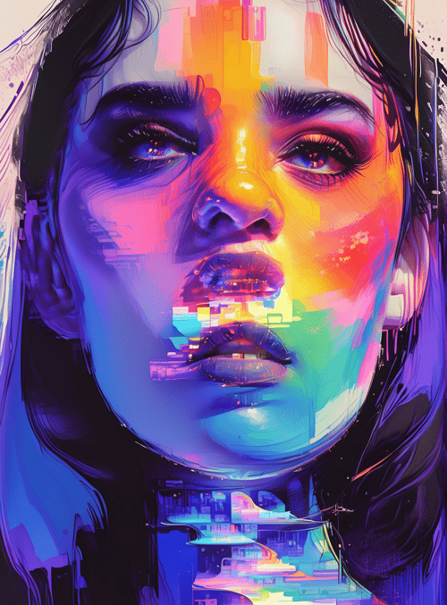 woman, face, cityscape, neon, digital