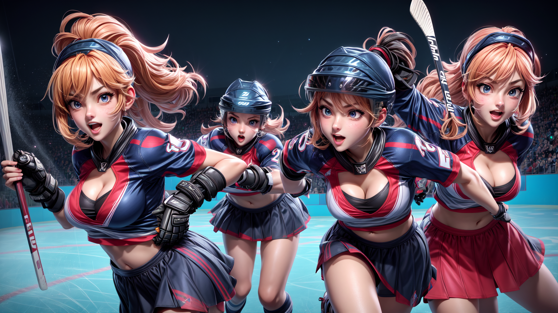 AI generated wallpaper featuring hockey player, athlete, team, stadium, puck, helmet, skates, uniform, racket, crowd