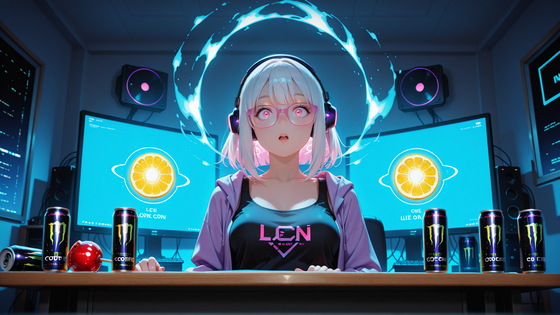 AI generated wallpaper featuring girl, headphones, monitor, can, glasses, desk, laptop, sweatshirt, lemon, candle