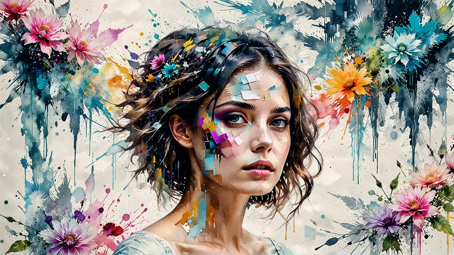 AI generated wallpaper featuring woman, flowers, art, painting