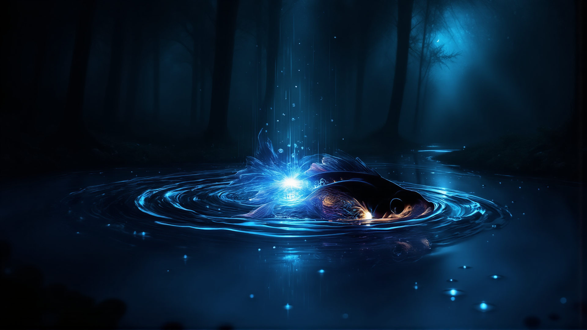 AI generated wallpaper featuring fish, water, forest, bubbles, light, ripples, trees, moonlight, glow, particles