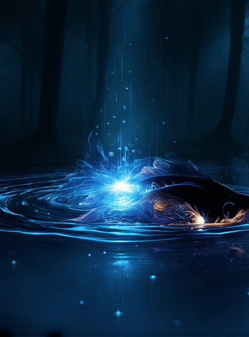 fish, water, forest, bubbles, light, ripples, trees, moonlight, glow, particles