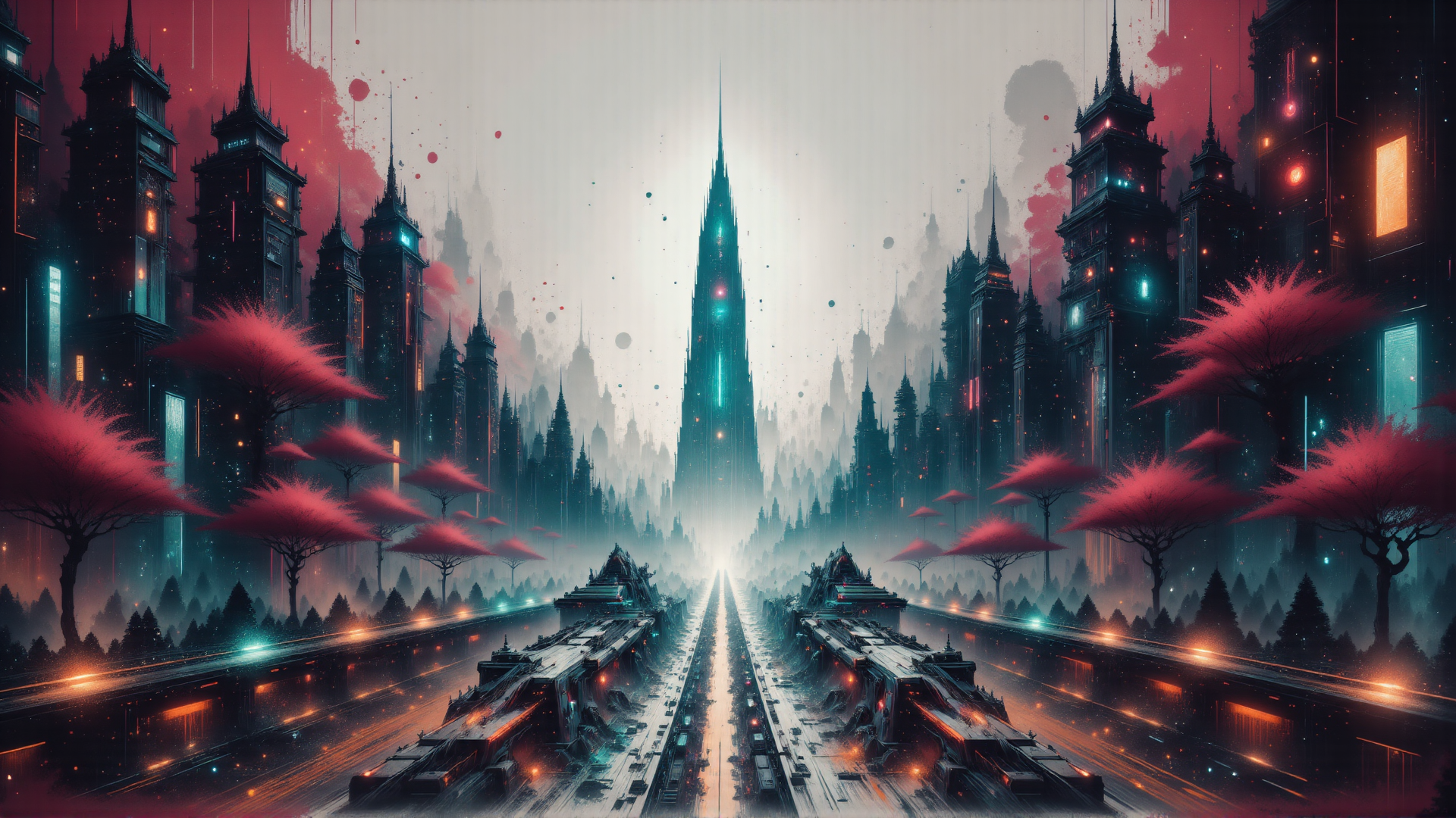 AI generated wallpaper featuring cityscape, skyscrapers, trees, road, buildings, tower, lights, futuristic, structure, path