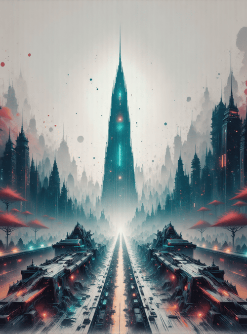 cityscape, skyscrapers, trees, road, buildings, tower, lights, futuristic, structure, path