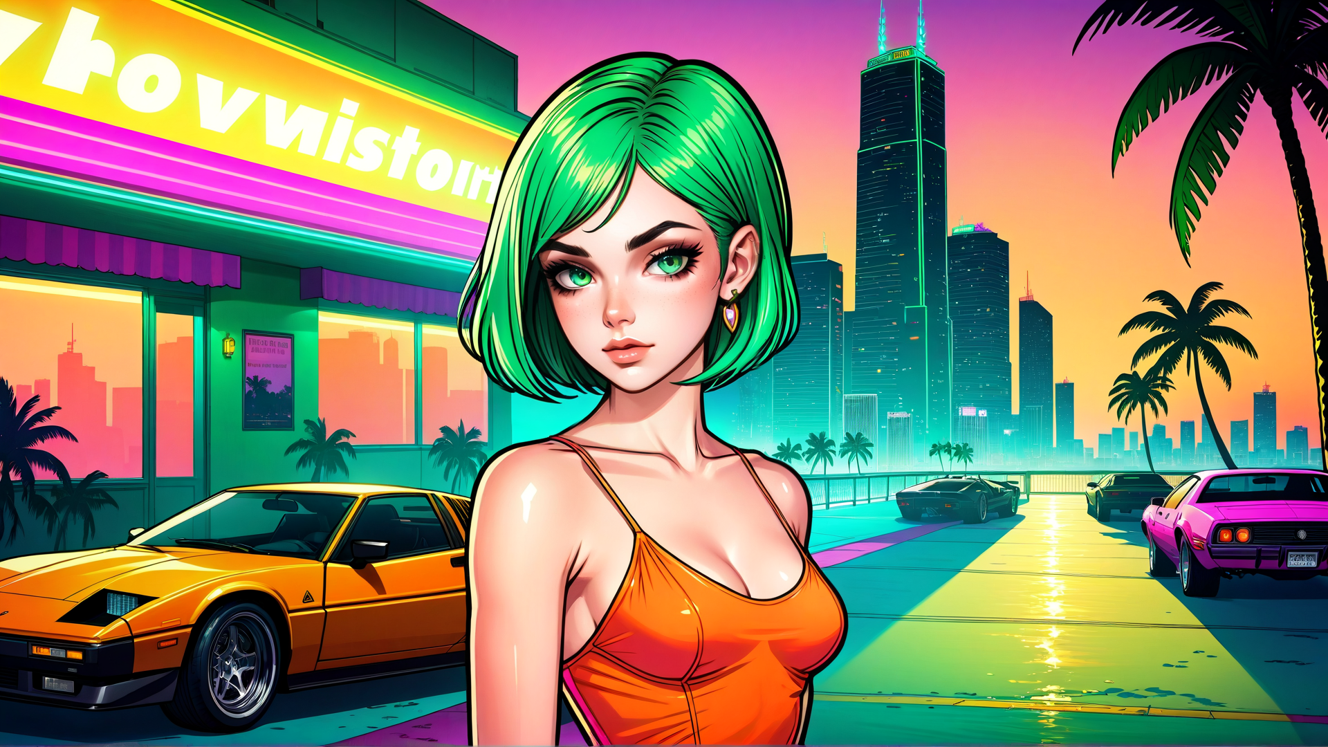 AI generated wallpaper featuring woman, car, city, palm tree, building