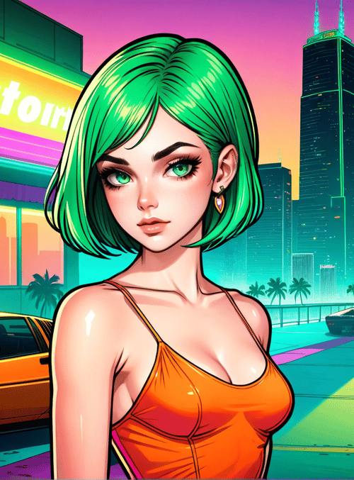 woman, car, city, palm tree, building