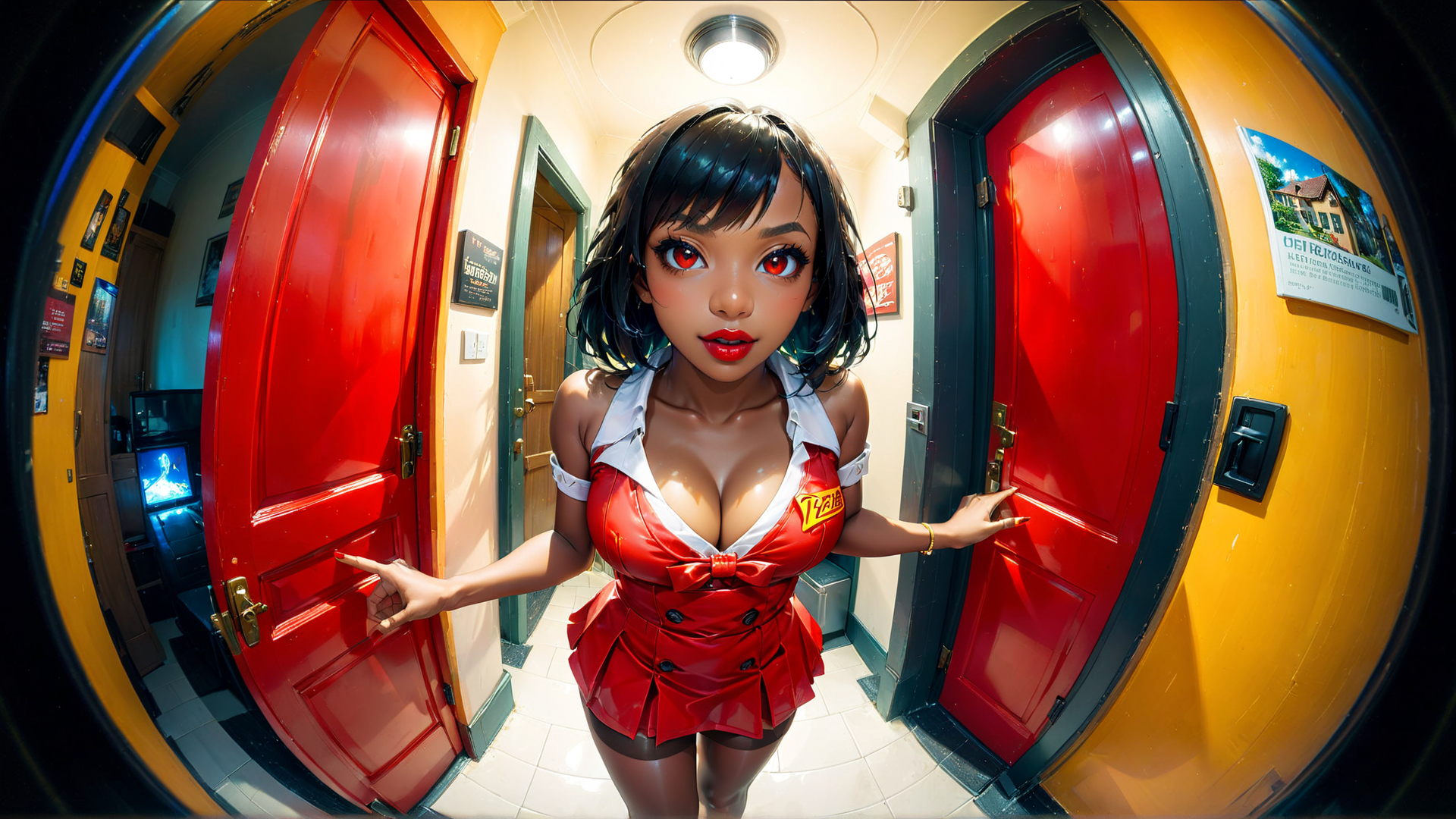 AI generated wallpaper featuring woman, doors, hallway, poster