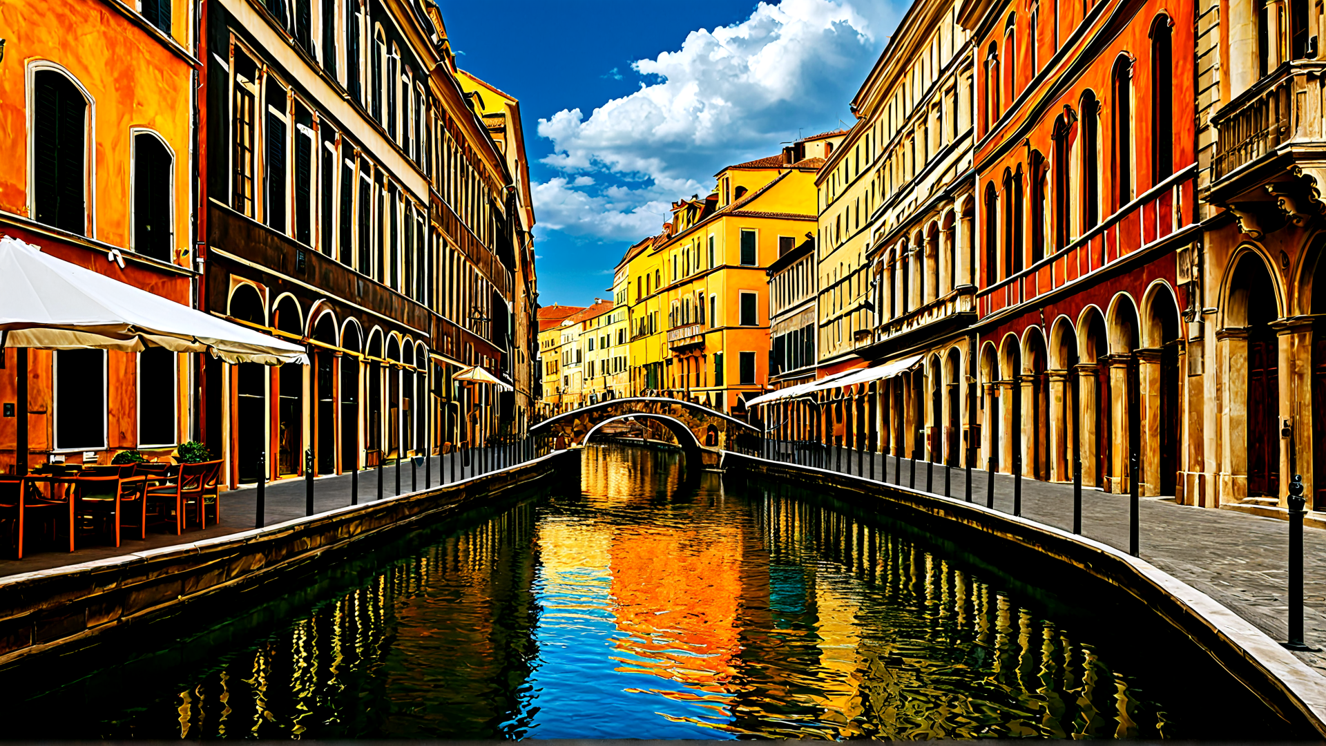 AI generated wallpaper featuring canal, buildings, bridge