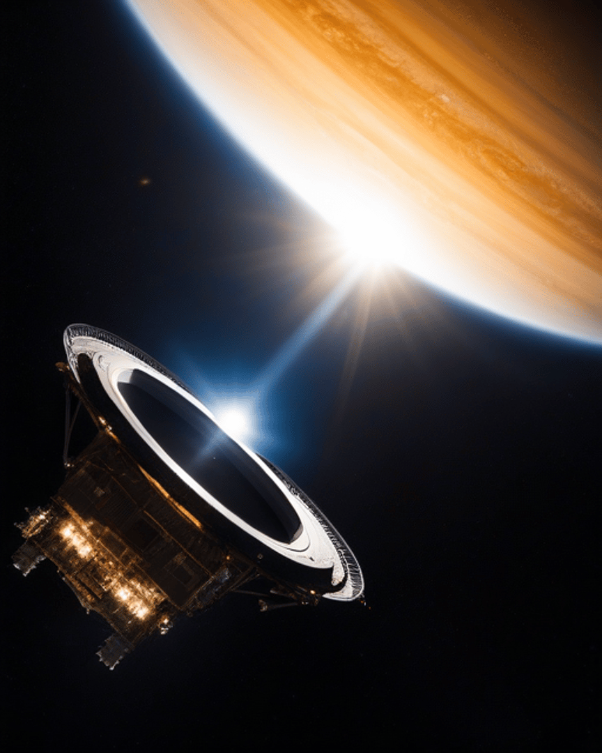 AI generated wallpaper featuring spacecraft, planet, sun