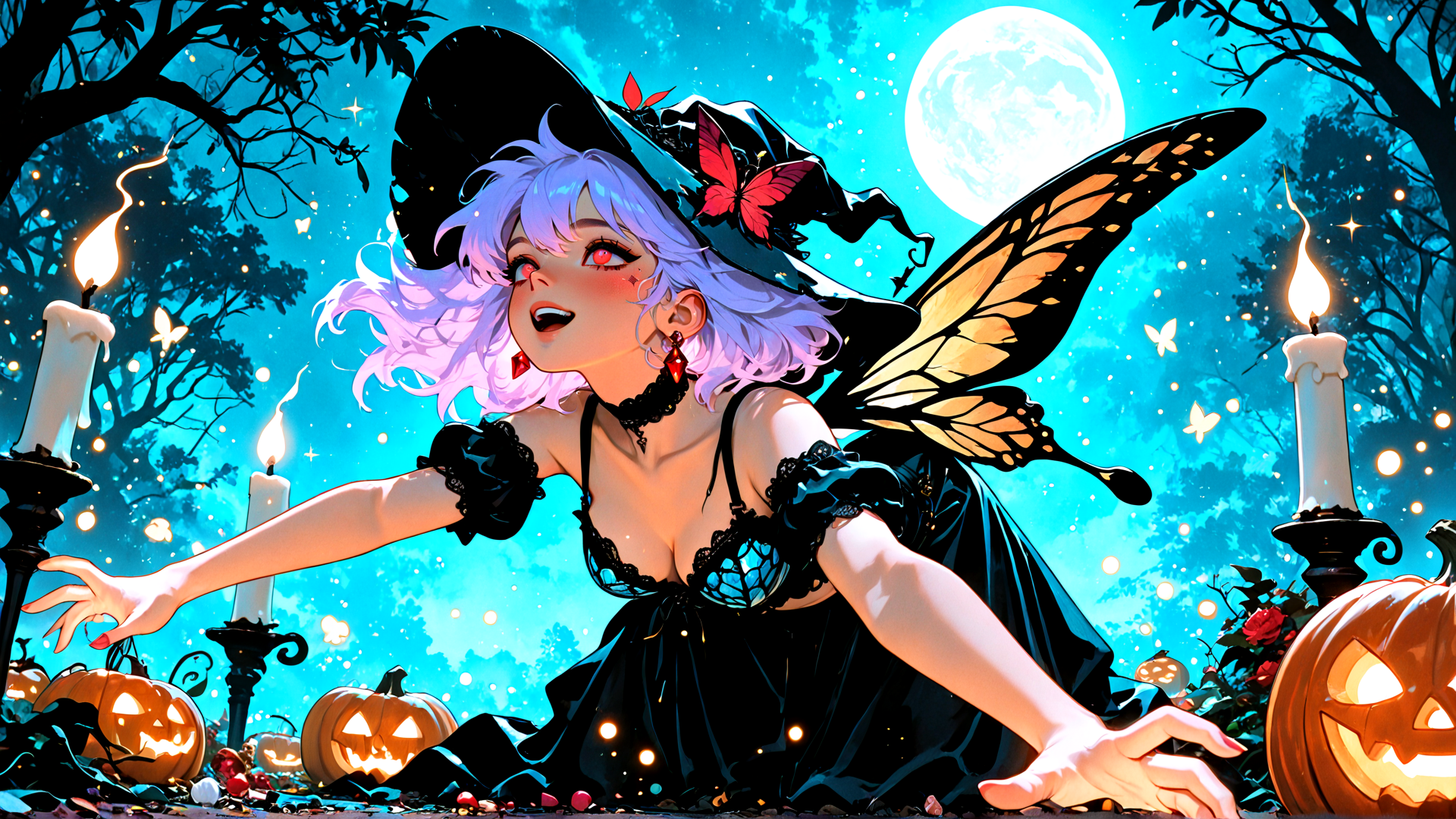 AI generated wallpaper featuring witch, butterfly, pumpkin, candle, trees, moon