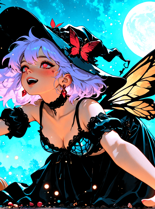 witch, butterfly, pumpkin, candle, trees, moon