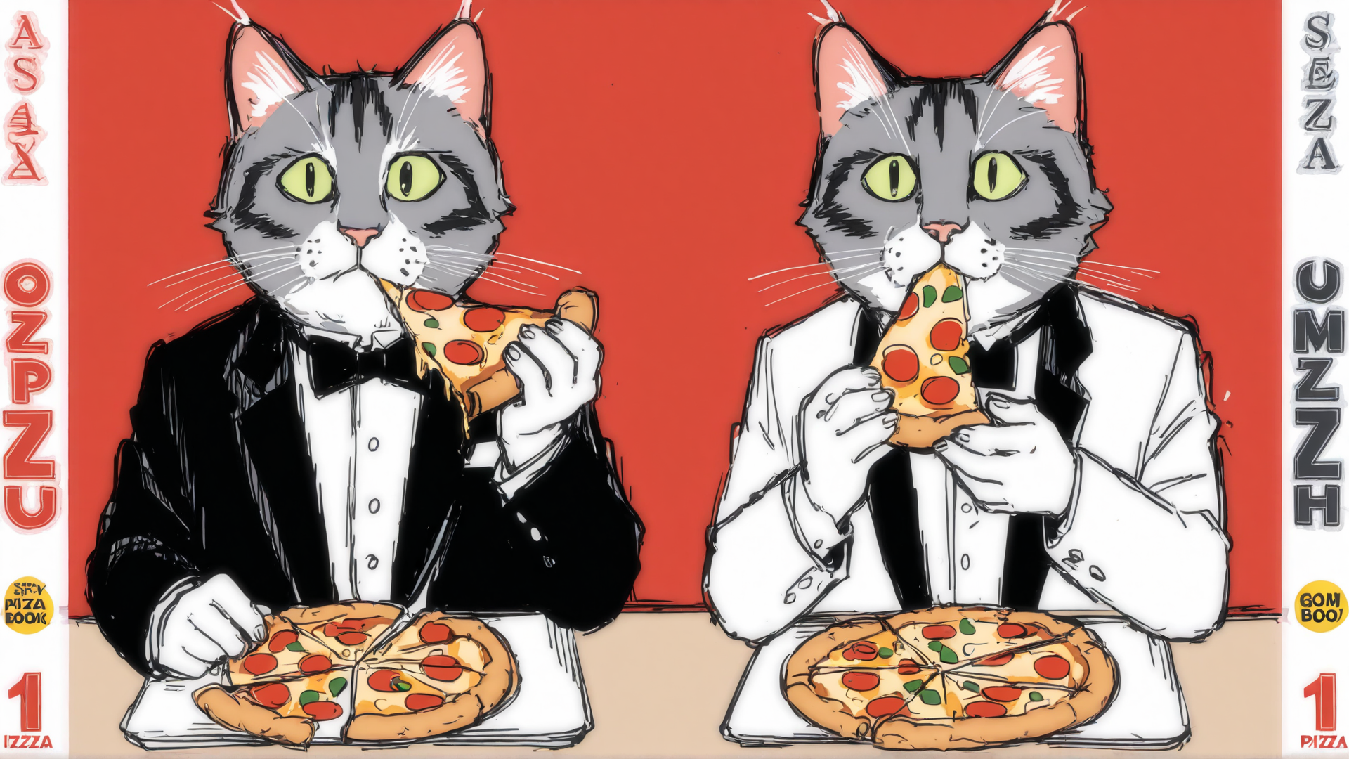 AI generated wallpaper featuring cat, pizza, tuxedo
