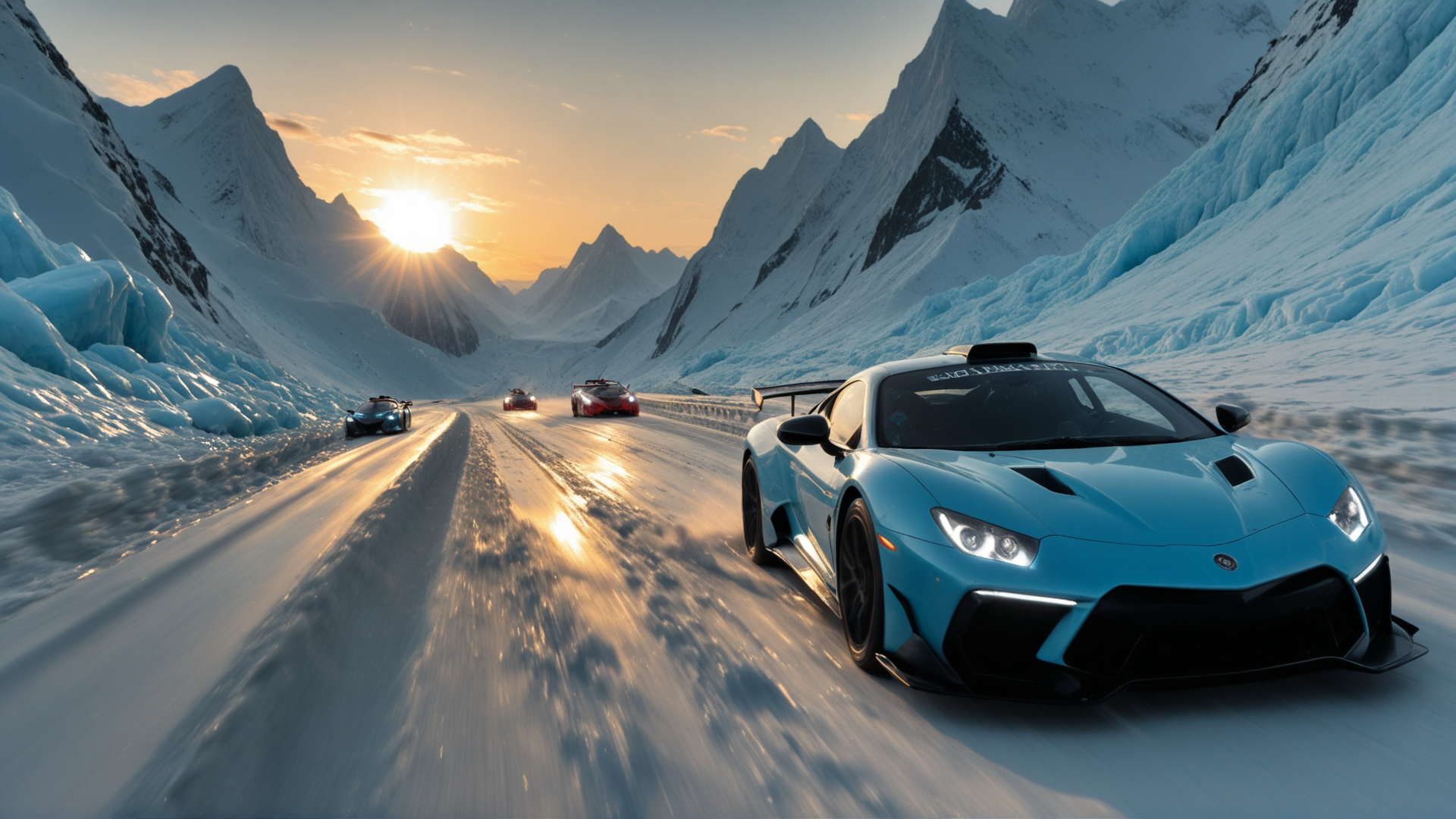 AI generated wallpaper featuring cars, mountains, ice, sun, road