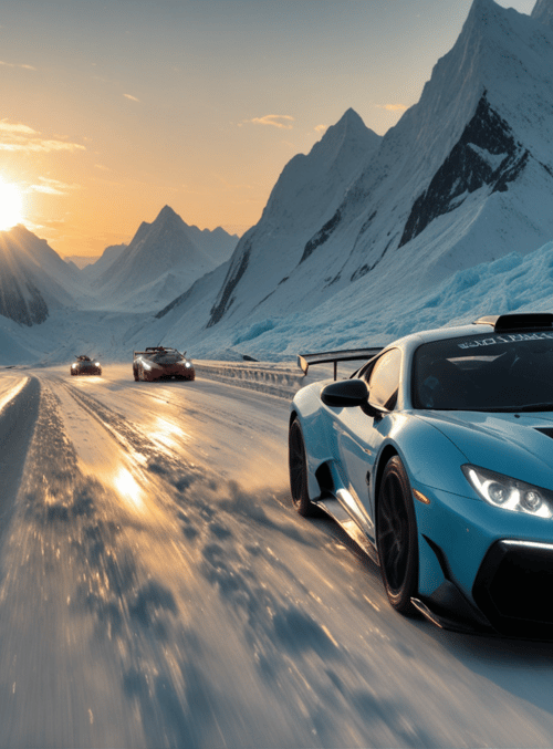 cars, mountains, ice, sun, road