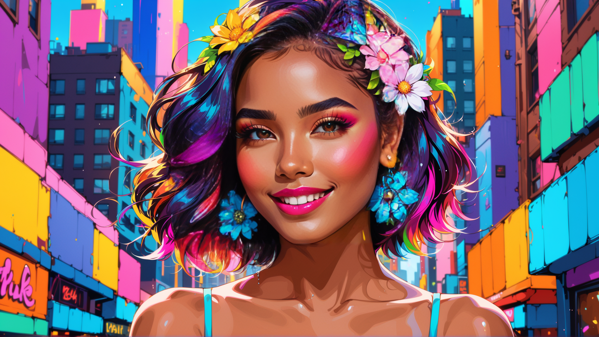 AI generated wallpaper featuring woman, flowers, city