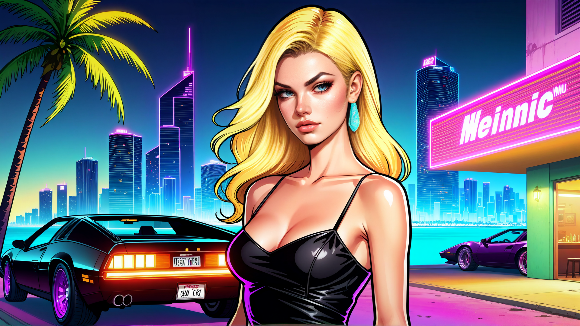 AI generated wallpaper featuring woman, car, cityscape, palm tree, neon sign
