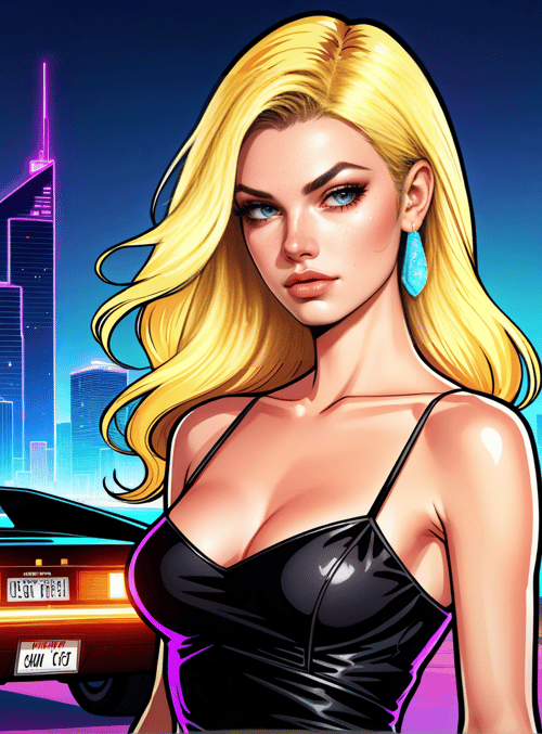 woman, car, cityscape, palm tree, neon sign