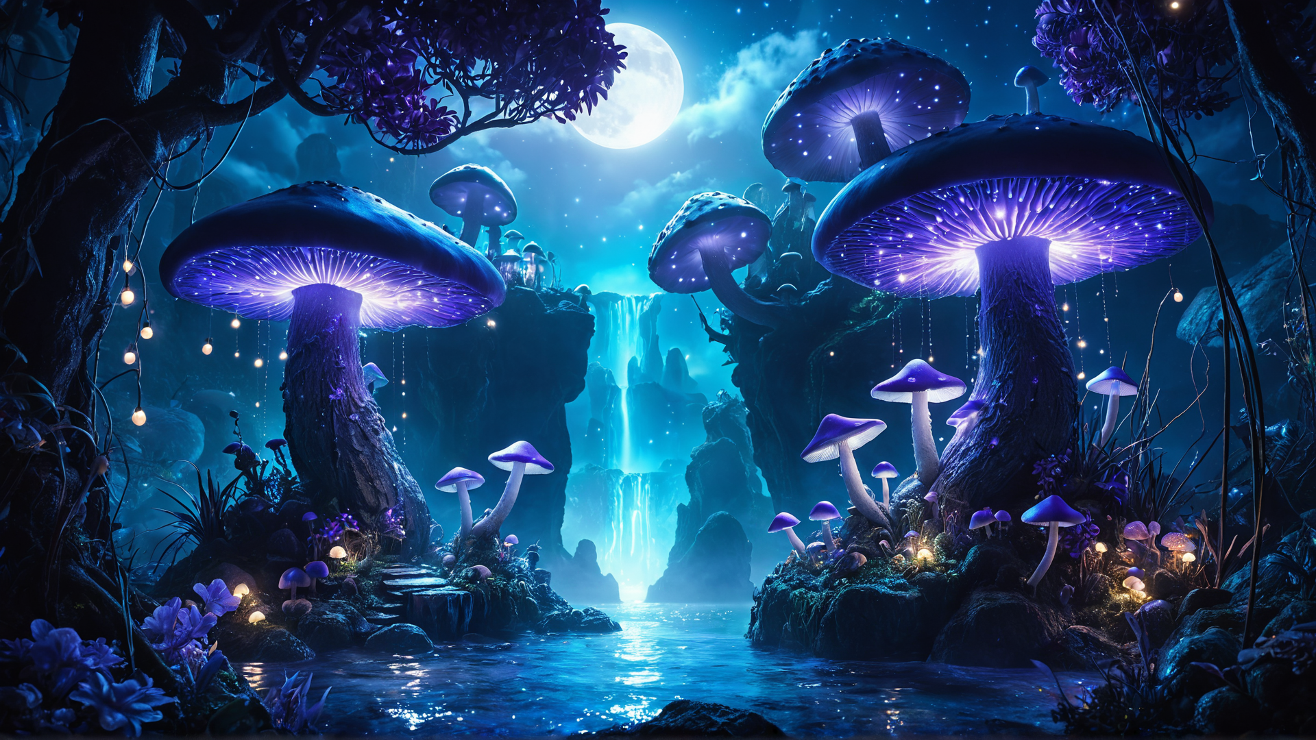 AI generated wallpaper featuring mushrooms, trees, waterfall, moon, flowers, light, cave, stars, rocks, stream