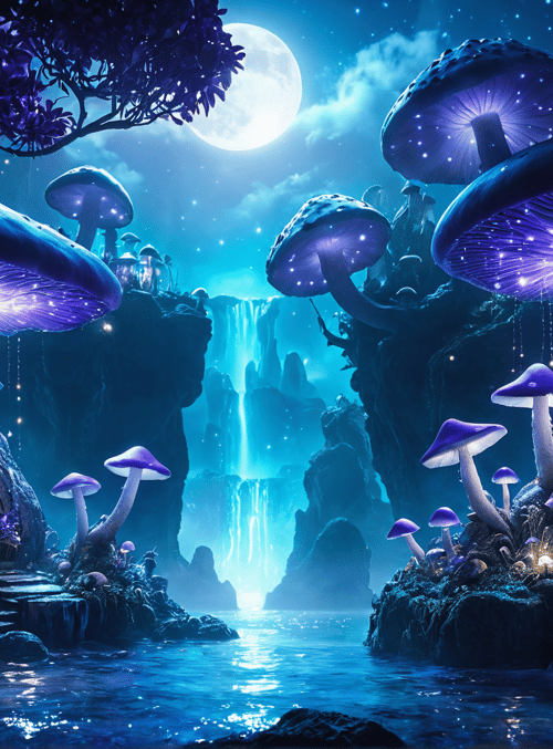 mushrooms, trees, waterfall, moon, flowers, light, cave, stars, rocks, stream