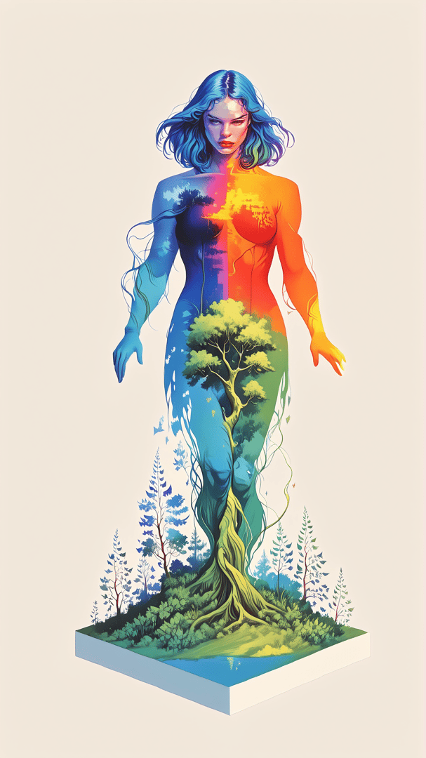 AI generated wallpaper featuring woman, tree, nature