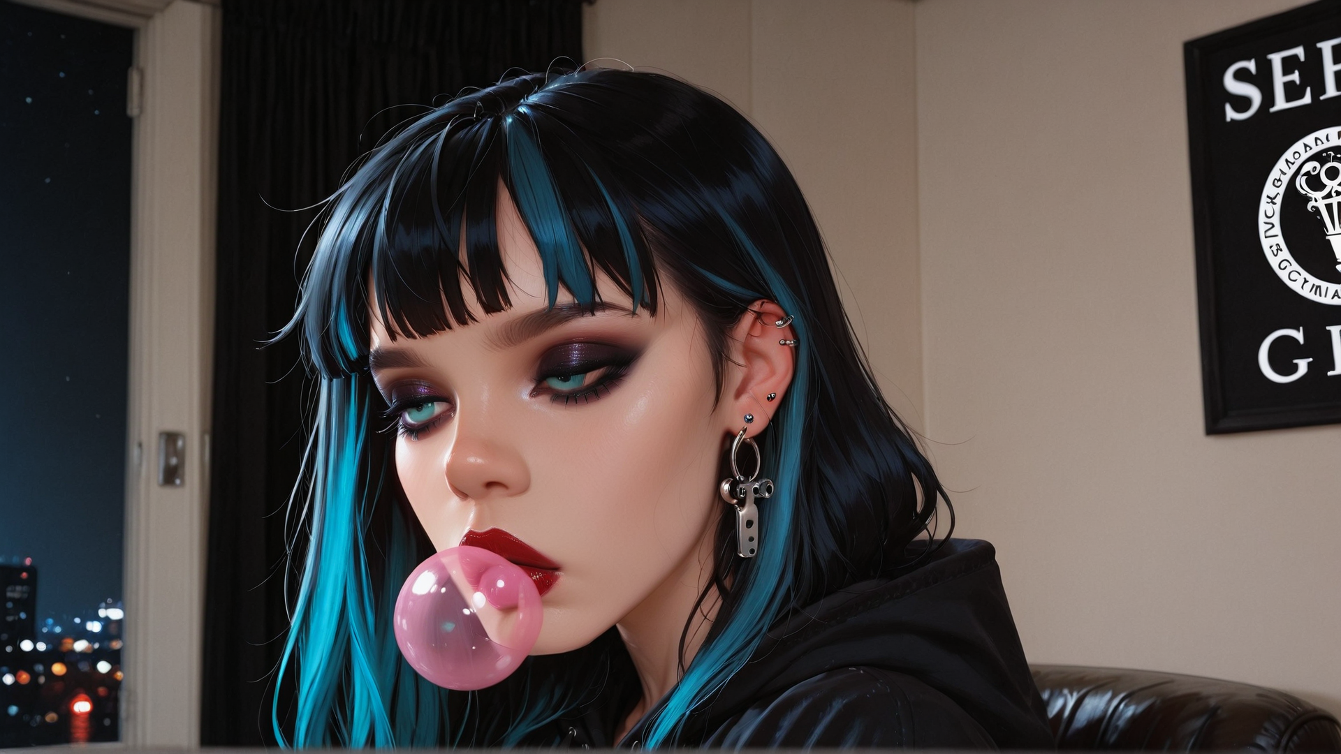 AI generated wallpaper featuring woman, bubble, hair, earring, leather jacket, window, cityscape, wall, sign