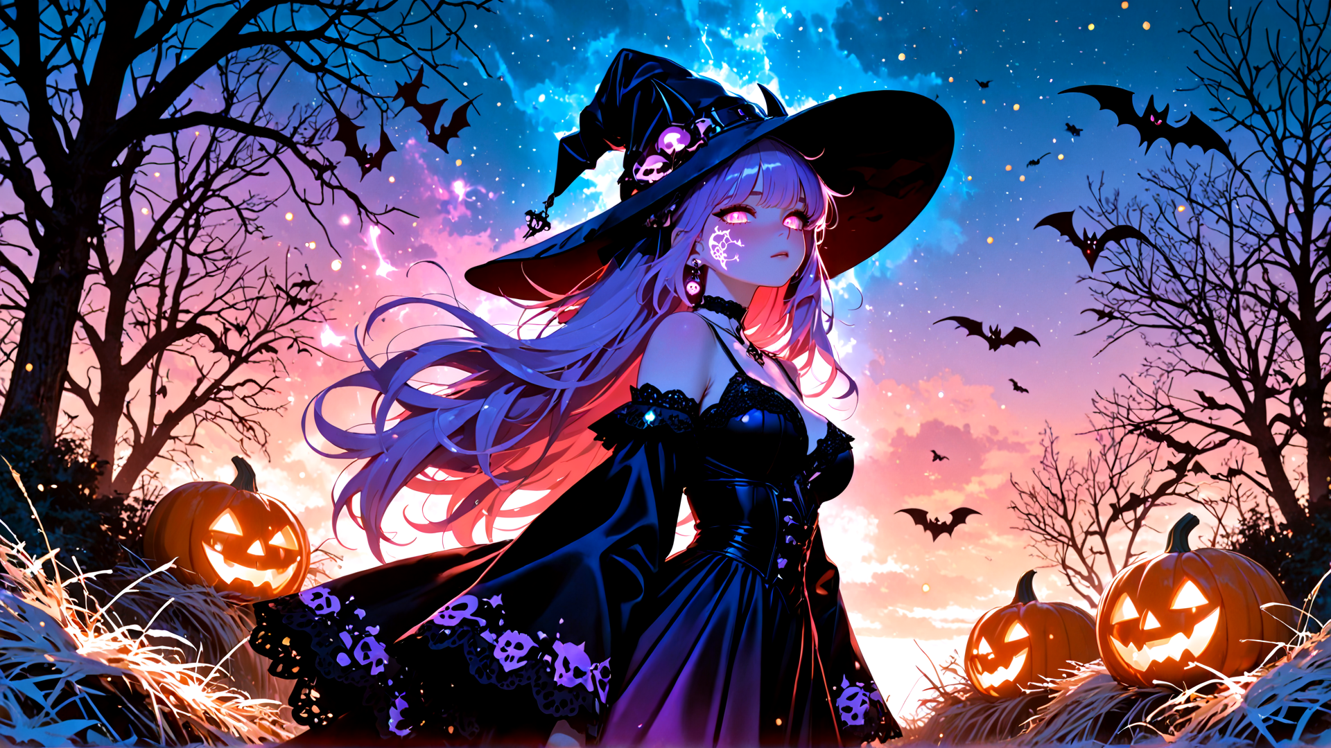 AI generated wallpaper featuring witch, pumpkin, bat, tree, sky, grass, dress, hat, moon, stars