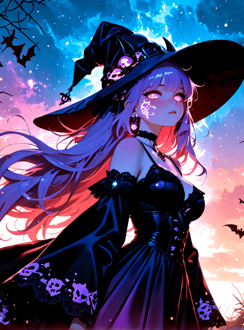 witch, pumpkin, bat, tree, sky, grass, dress, hat, moon, stars