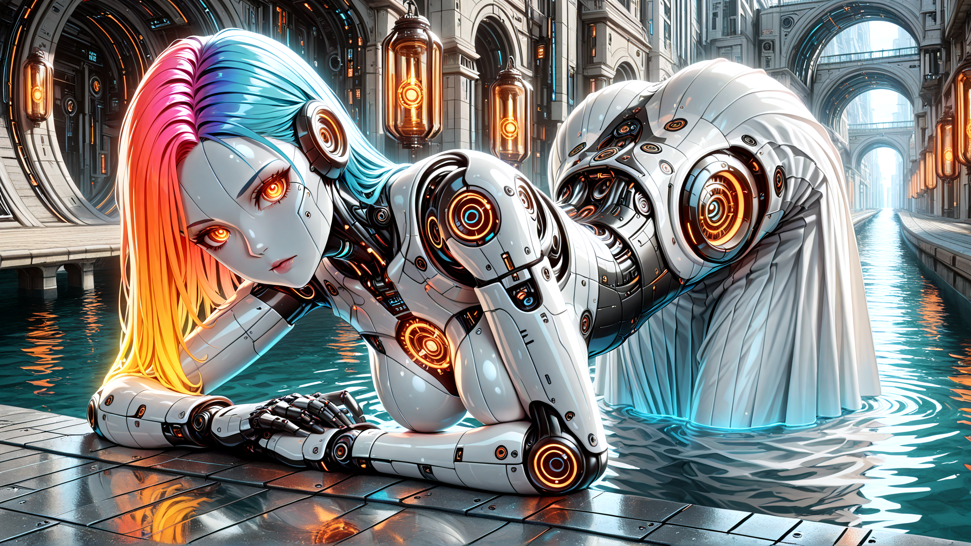 AI generated wallpaper featuring robot, cyborg, anime, futuristic, dolphin