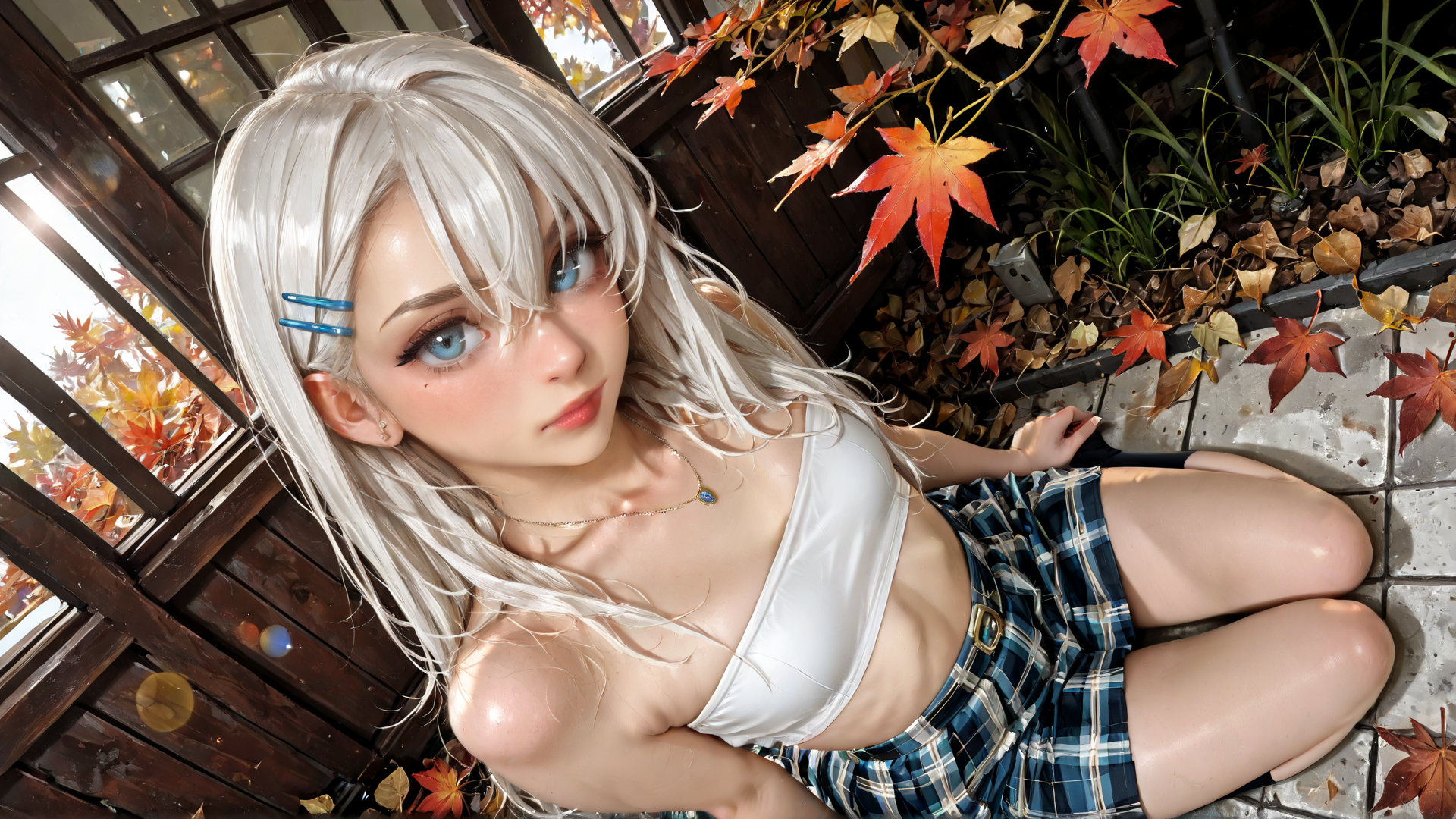 AI generated wallpaper featuring girl, anime, blonde, plaid, crop top, cherry blossom