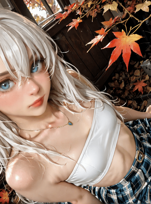 girl, anime, blonde, plaid, crop top, cherry blossom
