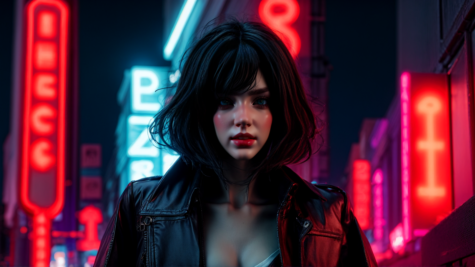 AI generated wallpaper featuring woman, neon, city