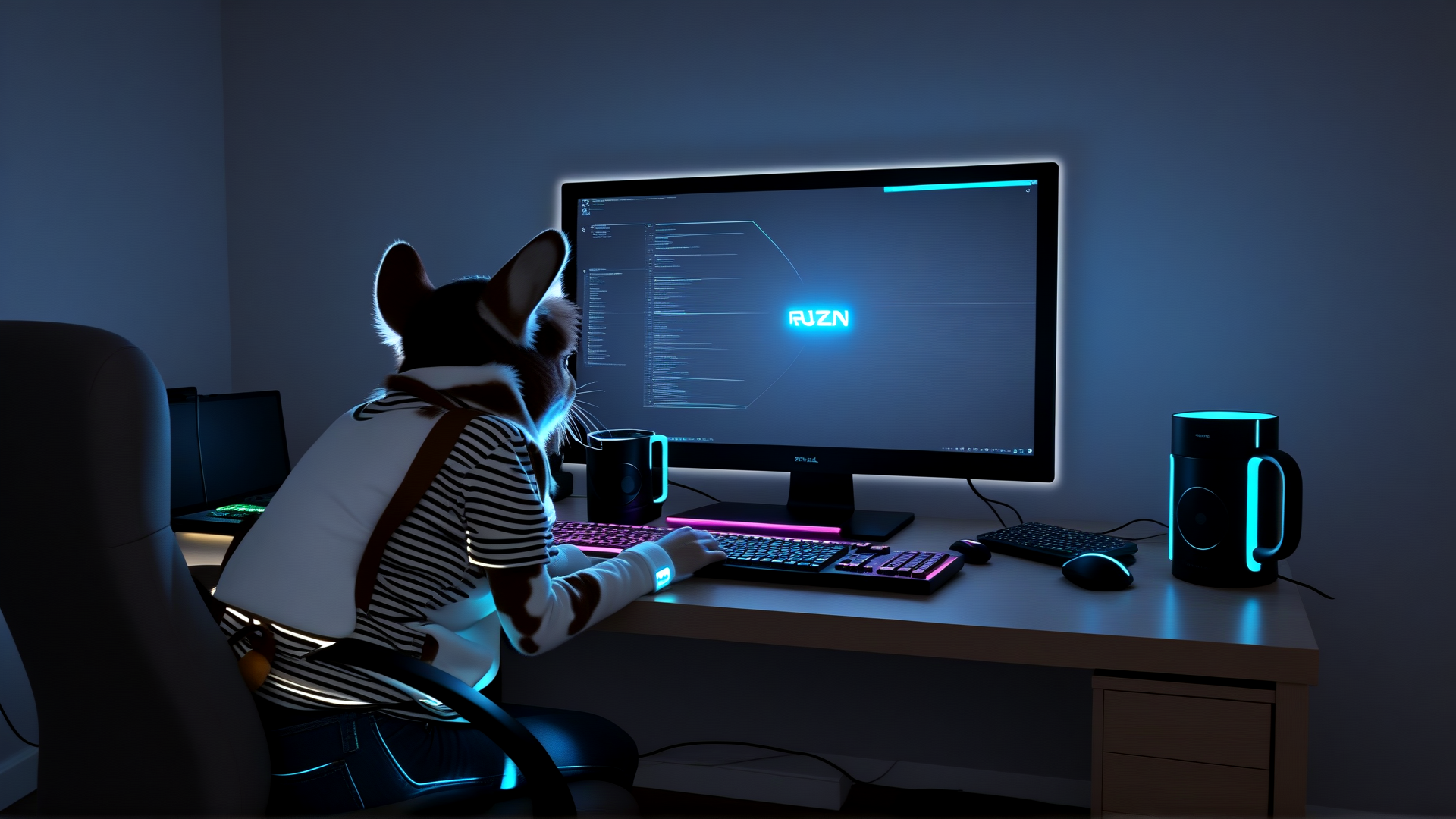 AI generated wallpaper featuring dog, computer, keyboard, monitor, mug