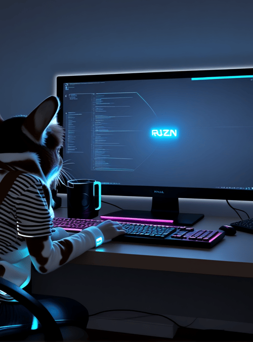 dog, computer, keyboard, monitor, mug