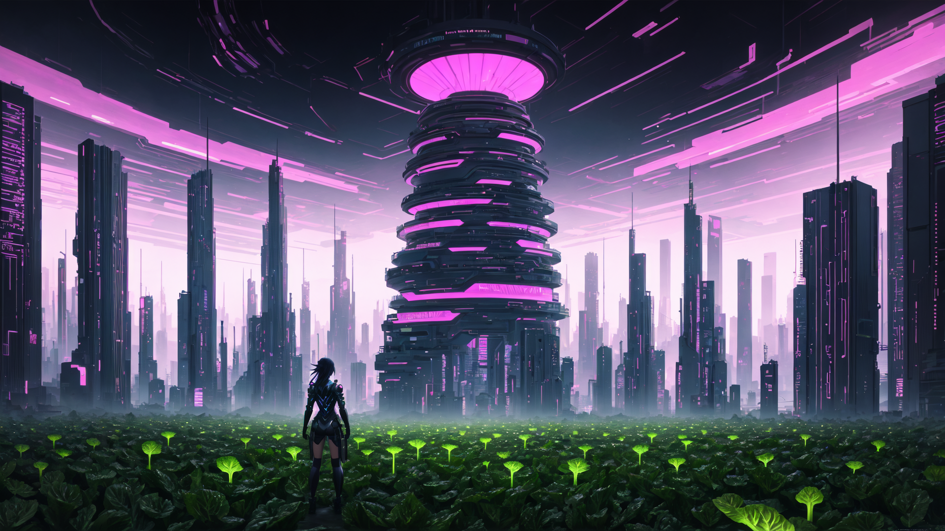 AI generated wallpaper featuring cyborg, cityscape, tower, plants, futurism, silhouette