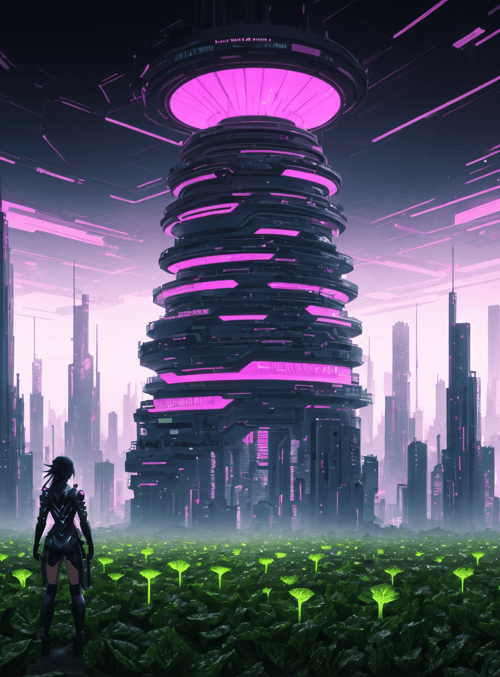 cyborg, cityscape, tower, plants, futurism, silhouette
