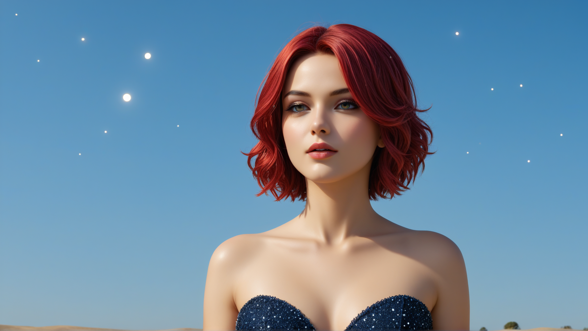AI generated wallpaper featuring woman, red hair, dress