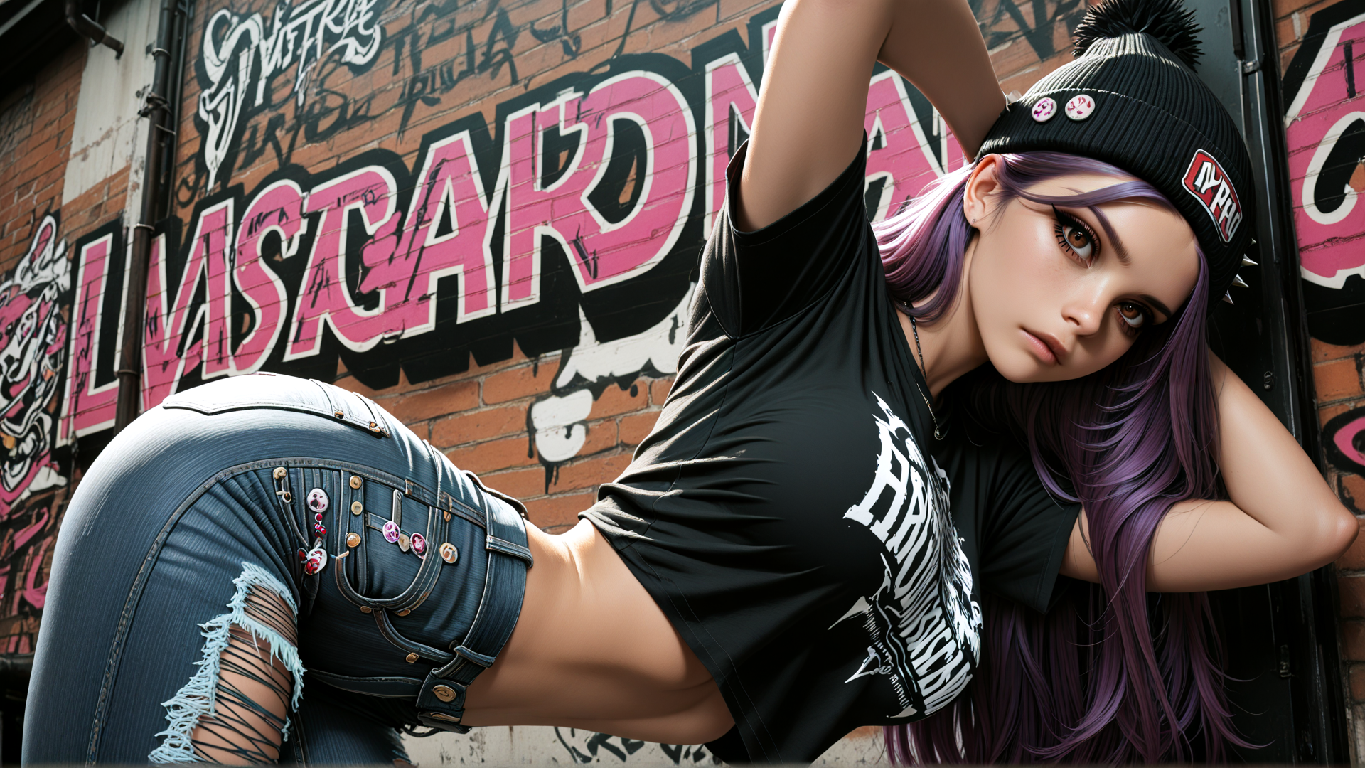 AI generated wallpaper featuring girl, graffiti, beanie, jeans, t-shirt, purple hair, street