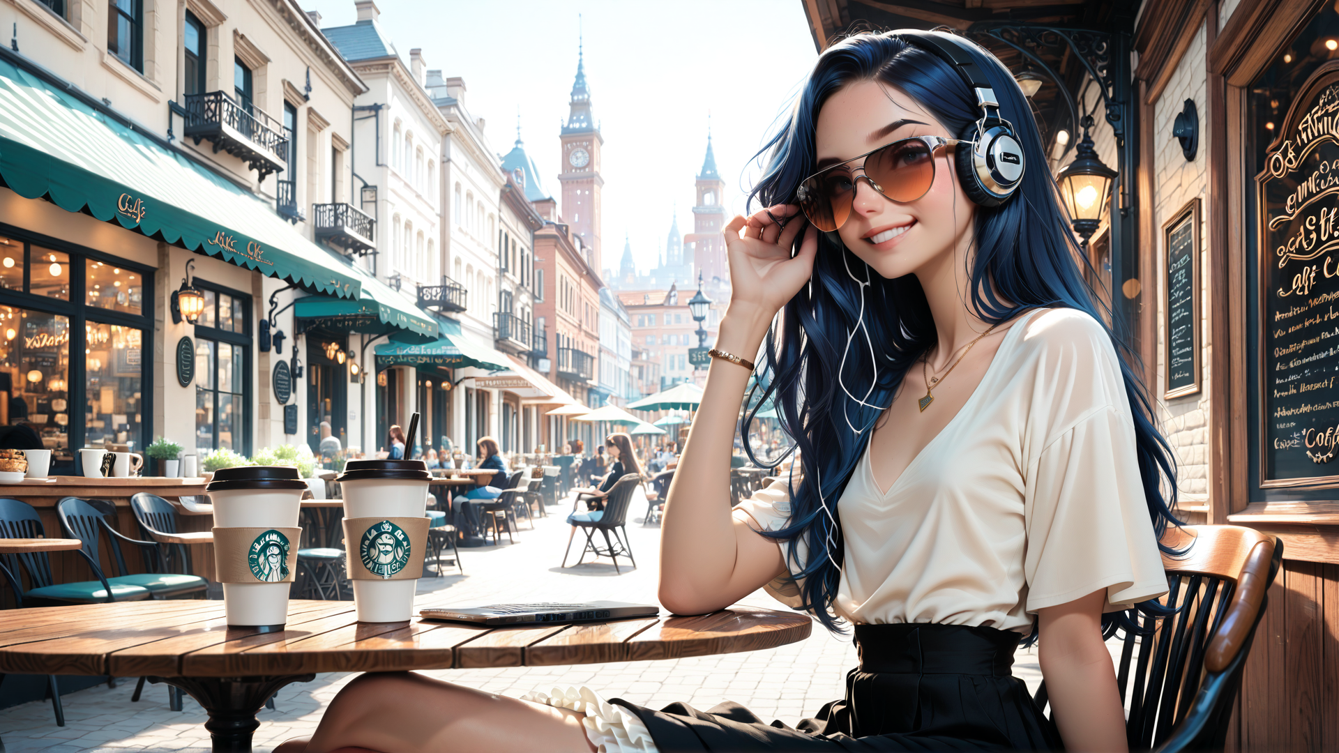 AI generated wallpaper featuring woman, coffee, street, headphones, sunglasses, cafe, clocktower, building, table, chair