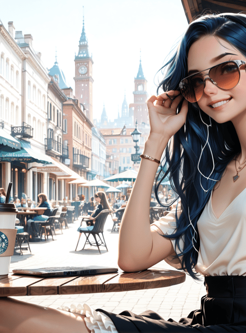woman, coffee, street, headphones, sunglasses, cafe, clocktower, building, table, chair